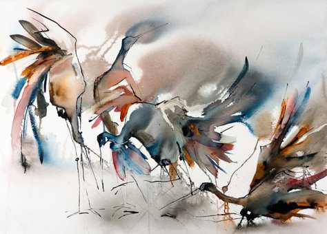 Röda Gårdsfåglar - akvarell till salu av konstnär Ylva Molitor-Gärdsell, Kivik på Österlen i Skåne
